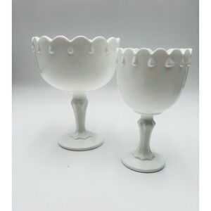 Vintage Indiana Glass White Milk Glass Pedestal Compote Planters Set 2